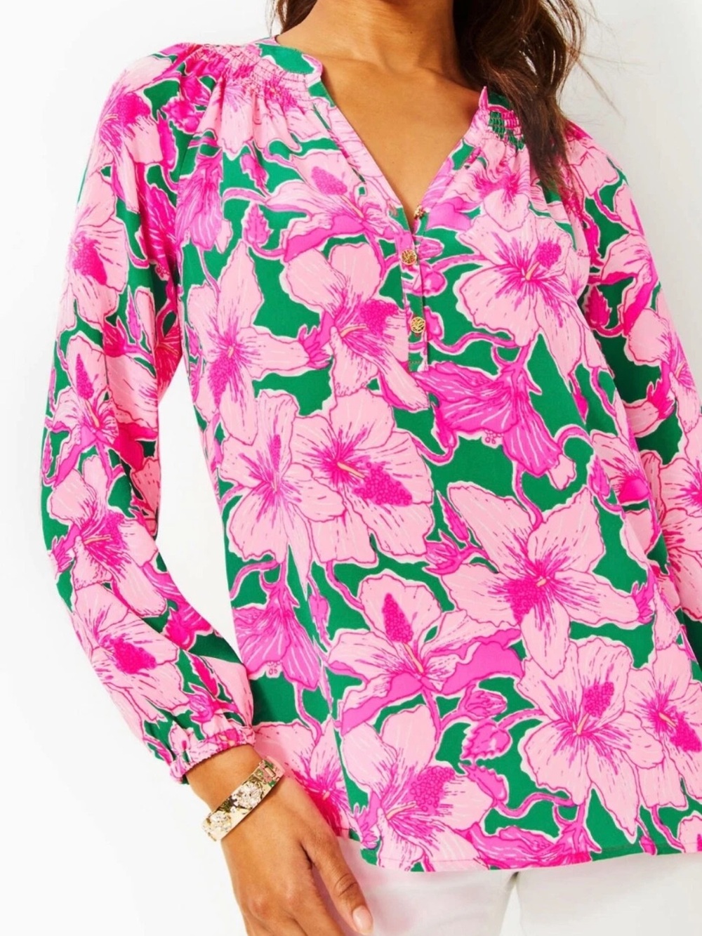 Lilly Pulitzer Elsa Silk Top Kelly Green Hibis Kiss floral print